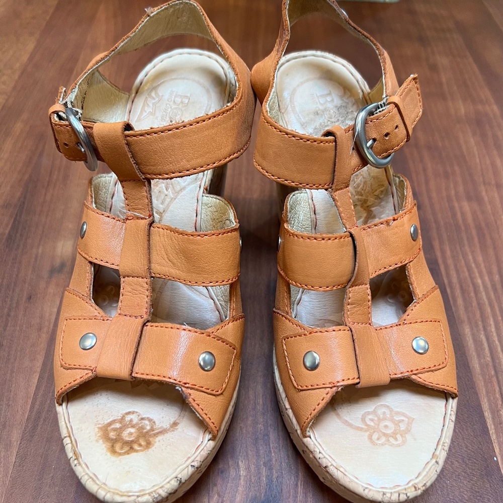 Born Handcrafted Womens Orange Leather Cork Wedge Heel Sandals Shoes 8 US
